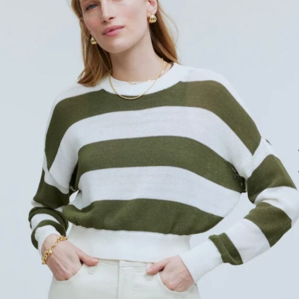 Summer staple Madewell Loose-Knit Crewneck Sweater striped green ivory white Med
